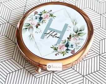 Personalised Name and initial Blue Blush Floral Greenery Round Rose Gold Silver Compact Pocket Mirror Keepsake Bridesmaid Gift