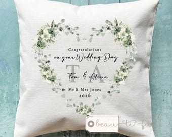 Personalised Wedding Cushion, Mr Mrs Gift, Greenery Design Newlywed Present, Bride Groom gift, New couple gift, Just Married