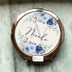 Personalised Name and Initial Blue Bouquet Floral Round Silver Rose Gold Compact Pocket Mirror Keepsake