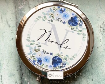 Personalised Name and Initial Blue Bouquet Floral Round Silver Rose Gold Compact Pocket Mirror Keepsake