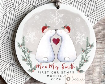 Personalised 1st First Christmas Married Wedding gift as Mr Mrs Newlywed Santa Polar bear Greenery Acrylic or ceramic Ornament Keepsake