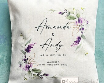 Personalised Wedding gift Just Married Mr Mrs Home Newlyweds Bride and Groom purple Lavender Foliage Greenery Home Linen Style Cushion cover