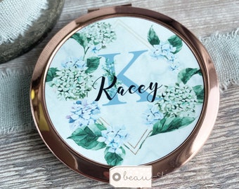 Personalised Name and Initial Hydrangea Floral Round Rose Gold Compact Pocket Mirror Keepsake Gift for her Mum Friend