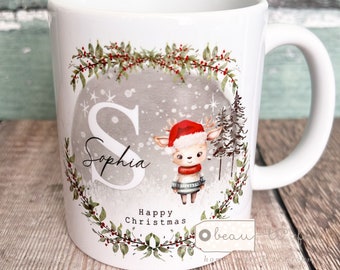 Personalised Happy Christmas Mug Greenery Reindeer deer Santa Hat Tree Ceramic Grey Mug - Tea mug - coffee Mug - Gift mug - Christmas gift
