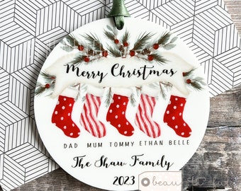 Personalised Family Christmas gift Stockings Greenery Design Acrylic or ceramic Round Ornament Keepsake Tree decoration gift