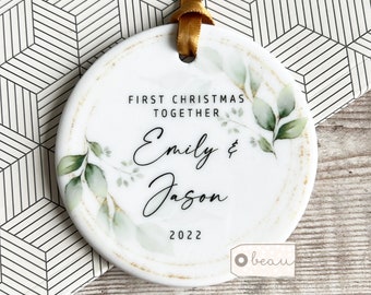 Personalised First Christmas Together Engaged Engagement Gift Botanical Greenery Design Ceramic or Acrylic Round Ornament Keepsake
