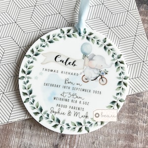 Personalised Birth gift  New Baby Gift Boy Newborn Blue Elephant Design Ceramic or Acrylic Round Ornament Keepsake Godson Grandson