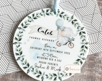 Personalised Birth gift  New Baby Gift Boy Newborn Blue Elephant Design Ceramic or Acrylic Round Ornament Keepsake Godson Grandson