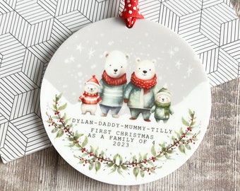 Personalised 1st First Christmas as a family of 3 4 5 Polar bear Mummy Daddy Mammy Jumpers Greenery Acrylic Or ceramic Ornament Keepsake