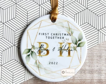 Personalised First Christmas Together Engaged Botanical Greenery Design Ceramic or Acrylic Round Ornament Keepsake