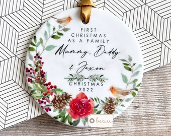 Personalised First Christmas as a family Mummy Daddy New Baby Robin Greenery Design Ceramic or Acrylic Round Ornament Keepsake