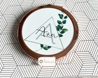 Personalised Name Modern Greenery Round Rose Gold Compact Pocket Mirror Keepsake