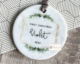 Personalised First Christmas Gift New Baby Boy Girl Newborn Geometric Greenery Design Ceramic or Acrylic Round Ornament Keepsake
