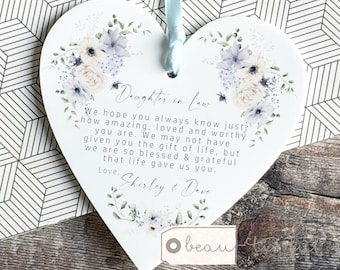 Personalised Daughter in law gift Daughter-in-law Blue Floral Greenery Heart Decoration Hanging Ornament Keepsake Bride Step Bonus Daughter