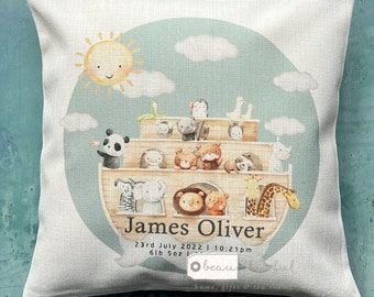 Personalised New Baby Boy Blue Grey Ark Animals Design Home Linen Style Cushion cover - Newborn - Birth - Baby Boy