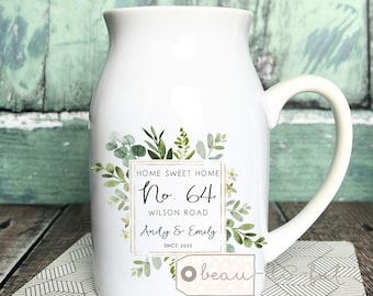 Personalised New Home Sweet Home Address New Home gift Housewarming Botanical Greenery Design Home Quote Mug Jug Small Vase New home gift