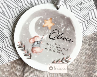 Personalised Birth gift New arrival New Baby Gift Boy Newborn Blue Mouse Design Ceramic or Acrylic Round Ornament Keepsake Godson Grandson
