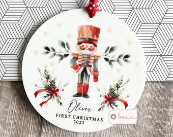 Personalised Baby Babies Baby’s First Christmas Gift Boy Newborn Nutcracker Soldier Design Ceramic Round Ornament Keepsake