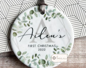 Personalised First Christmas Gift Baby Boy Girl Geometric Greenery leaf Design Ceramic or Acrylic Round Ornament Keepsake