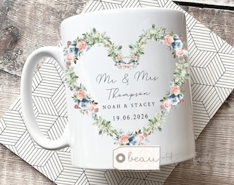 Personalised Wedding Mug gift, Mr Mrs, Bride Groom, Just Married Gift, Greenery Wreath, Gift for couple