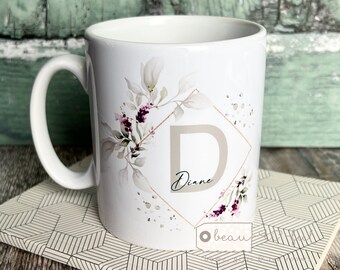 Personalised Name and initial Purple Lavender Floral Eucalyptus Greenery Ceramic Mug - Tea mug - coffee Mug - Gift mug