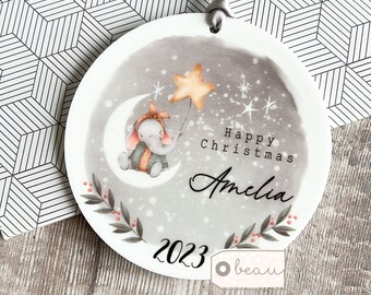 Personalised Happy Christmas Gift Girl Boy Newborn cute Elephant Moon Stars Scene Design Ceramic Round Ornament Keepsake