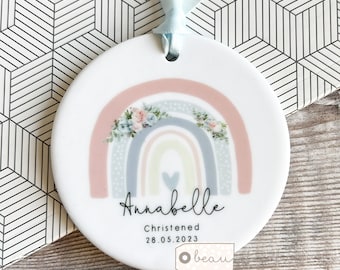 Personalised Christening Baptism Gift Goddaughter Godparent Godchild Godmother Godson Floral Rainbow Ceramic or acrylic Ornament Keepsake