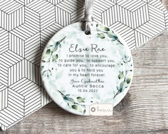 Personalised Promise to Godchild Christening Baptism Baby Boy Girl Godmother Godparents Greenery Ceramic or Acrylic Round Ornament Keepsake