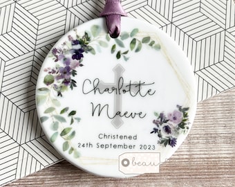 Personalised Christening Baptism Gift Baby Boy Girl Godchild Godparent gift Mauve Floral Design Ceramic or Acrylic Round Ornament