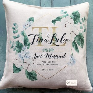 Personalised Names Married Mr Mrs Home Quote Botanical Foliage Design Home Quote Linen Style Cushion cover