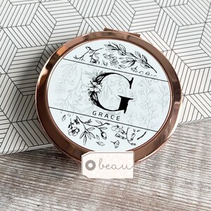 Personalised Name and initial Geometric Greenery Round Rose Gold Compact Pocket Mirror Keepsake Bridesmaid Gift
