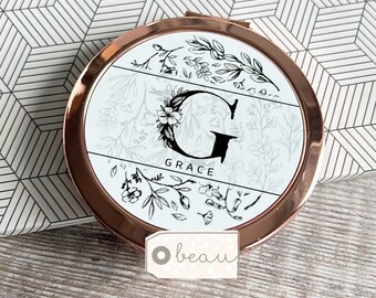 Personalised Name and initial Geometric Greenery Round Rose Gold Compact Pocket Mirror Keepsake Bridesmaid Gift