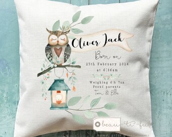 Personalised New Baby Girl Boy Gift Woodland Owl Design Home Quote Linen Style Cushion cover - Newborn - Birth - Baby Girl Niece Goddaughter