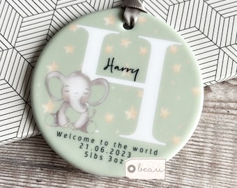 Personalised New Baby Gift Boy Girl Welcome to the world Newborn Elephant Pink Grey Blue Design Ceramic or Acrylic Round Ornament Keepsake