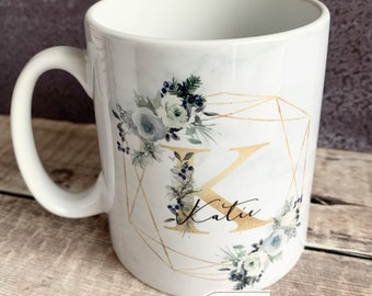 Personalised Name and initial Blue winter white floral Ceramic Mug - Tea mug - coffee Mug - Gift mug