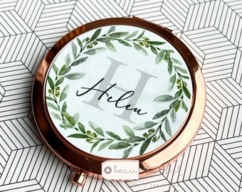 Personalised Name and initial Eucalyptus Wreath Round Rose Gold Silver Compact Pocket Mirror Keepsake Bridesmaid Gift