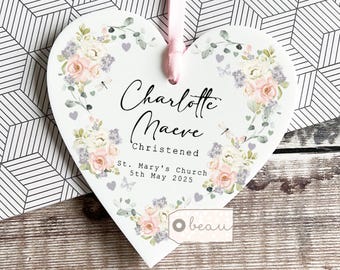 Personalised Christening Baptism Gift Godchild gift Godson Goddaughter Baby Boy Girl Floral Wreath Heart Hanging Ornament Keepsake