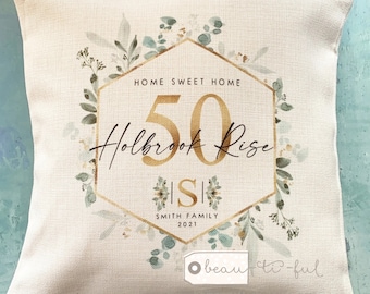 Personalised Home Sweet Home Address New Home Housewarming Eucalyptus Greenery Design Home Quote Linen Style Cushion cover
