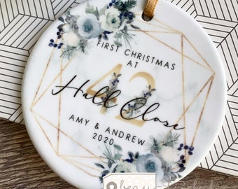 Personalised First Christmas at Address gift New Home Christmas floral Design Ceramic or Acrylic Round Ornament Keepsake