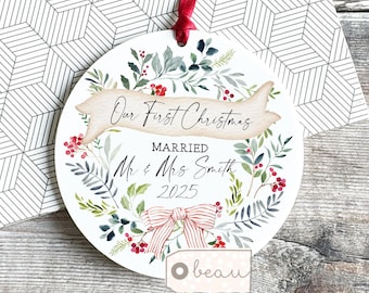 Personalised First Christmas Married Gift Wedding gift as Mr Mrs Newlywed Bride Groom Greenery wreath gift Bauble Ornament Keepsake
