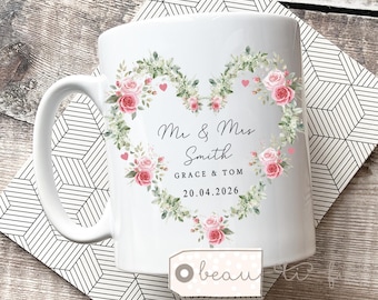 Personalised Wedding Mug gift, Mr Mrs, Bride Groom, Just Married Gift, Greenery Wreath, Gift for couple