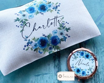 Personalised Name and initial Blue floral Design Linen style Fabric Make up Bag Birthday gift for her mum sister friend