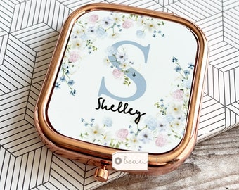 Personalised Friend gift .. Floral Square Rose Gold Compact Pocket Mirror Keepsake Mum sister auntie niece female relative Birthday gift