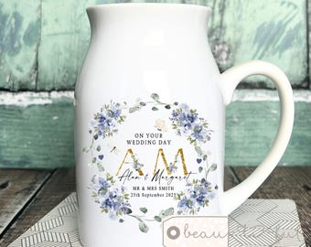 Personalised Wedding gift Newlyweds gift Marriage gift Wedding day gift Bride Groom Floral Ceramic Small Vase Jug Mug Couple gift
