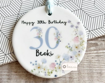 Personalised Happy Birthday Gift age Milestone 18 21 30 40 50 60 70 80 Floral Design Ceramic or acrylic Decoration Ornament Wedding Keepsake