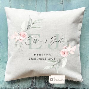 Personalised Names Married Engaged Anniversary Mr Mrs Home Quote Pink Foliage Greenery Design Home Quote Linen Style Cushion cover