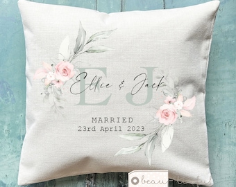 Personalised Names Married Engaged Anniversary Mr Mrs Home Quote Pink Foliage Greenery Design Home Quote Linen Style Cushion cover