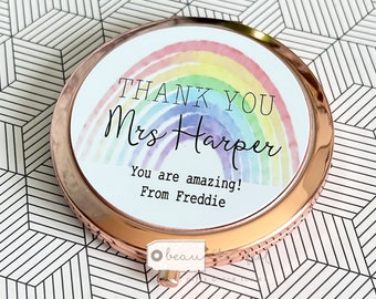 Personalised Thank you teacher teaching assistant Pretty Rainbow Round Rose Gold Compact Pocket Mirror