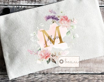 Personalised Mother’s Day Gift Birthday gift pink Floral Design Linen style Fabric Make up Bag Birthday gift for her mum gift sister friend