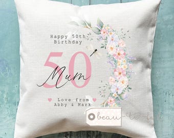 Personalised Happy Birthday Gift Age Milestone  18 21 30 40 50 60 70 80 90 pink Floral Design Home Quote Linen Style Cushion Friend gift